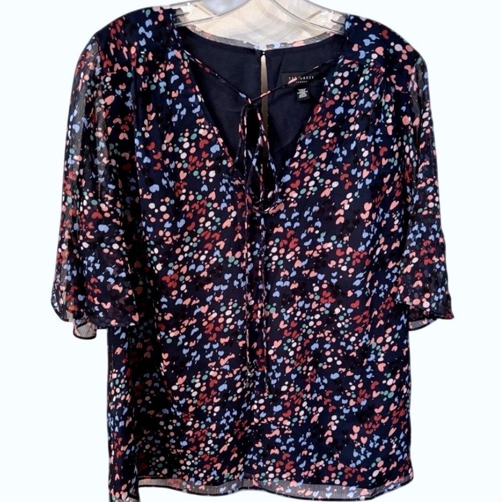 Ted Baker Neliann Dark Navy Heart Confetti Split Sleeve Tie Neck Blouse Size 0